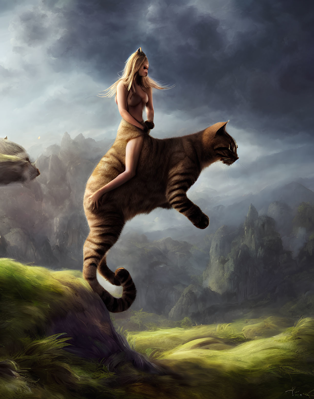 Woman riding giant flying tabby cat over mystical landscape with floating rocks.