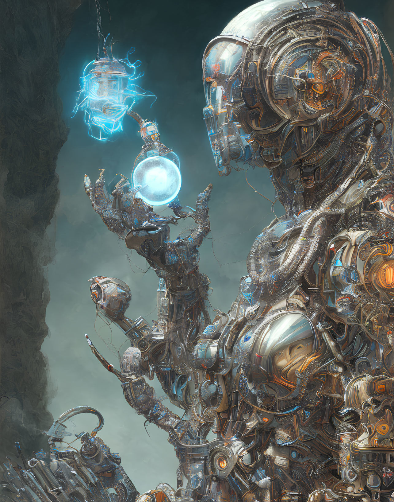 Detailed Robotic Figure Examining Glowing Orb with Mechanical Parts