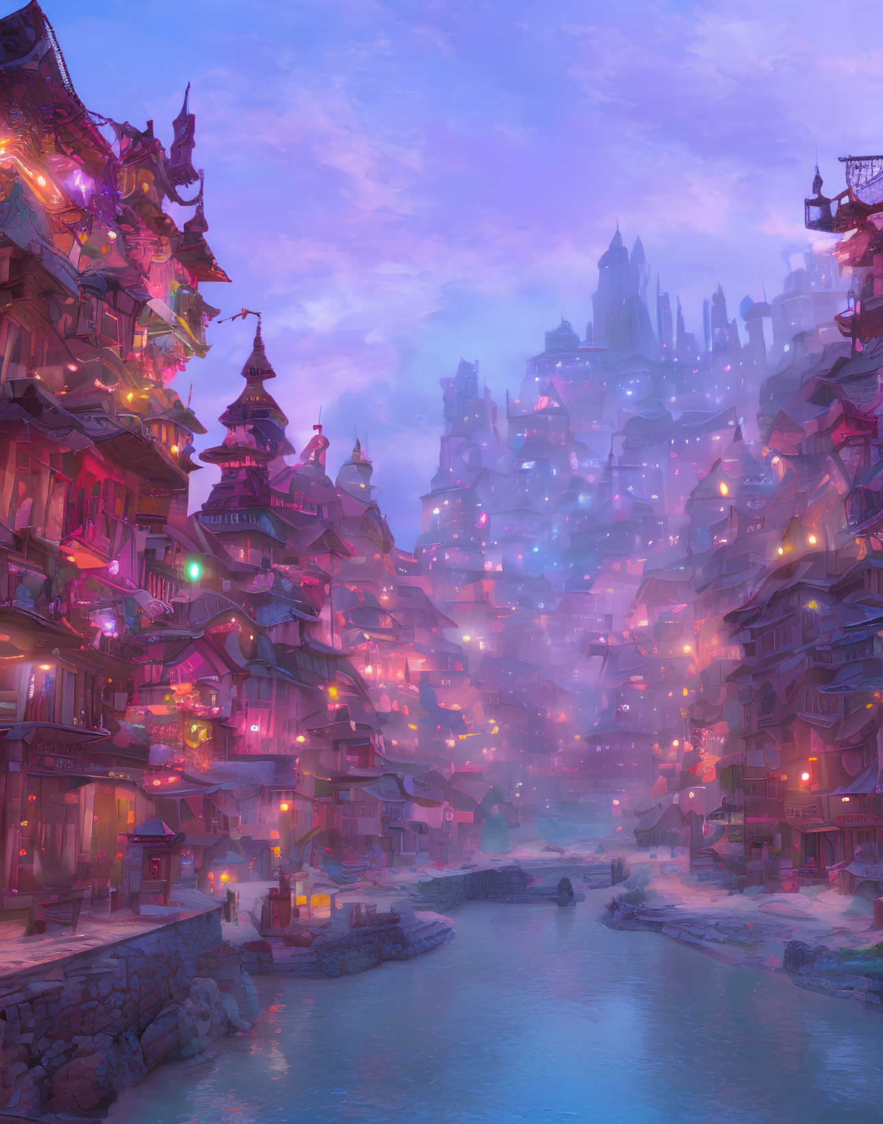 Multilayered cityscape with traditional buildings by a tranquil river at twilight