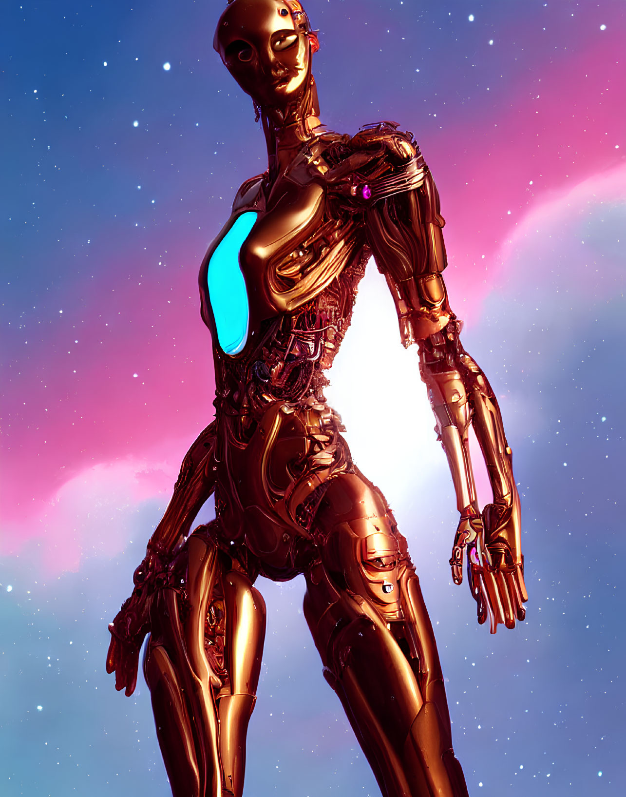 Golden futuristic robot with glowing blue energy in starry sky.