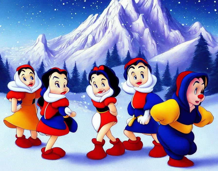 Snow White and dwarfs in snowy mountain scene