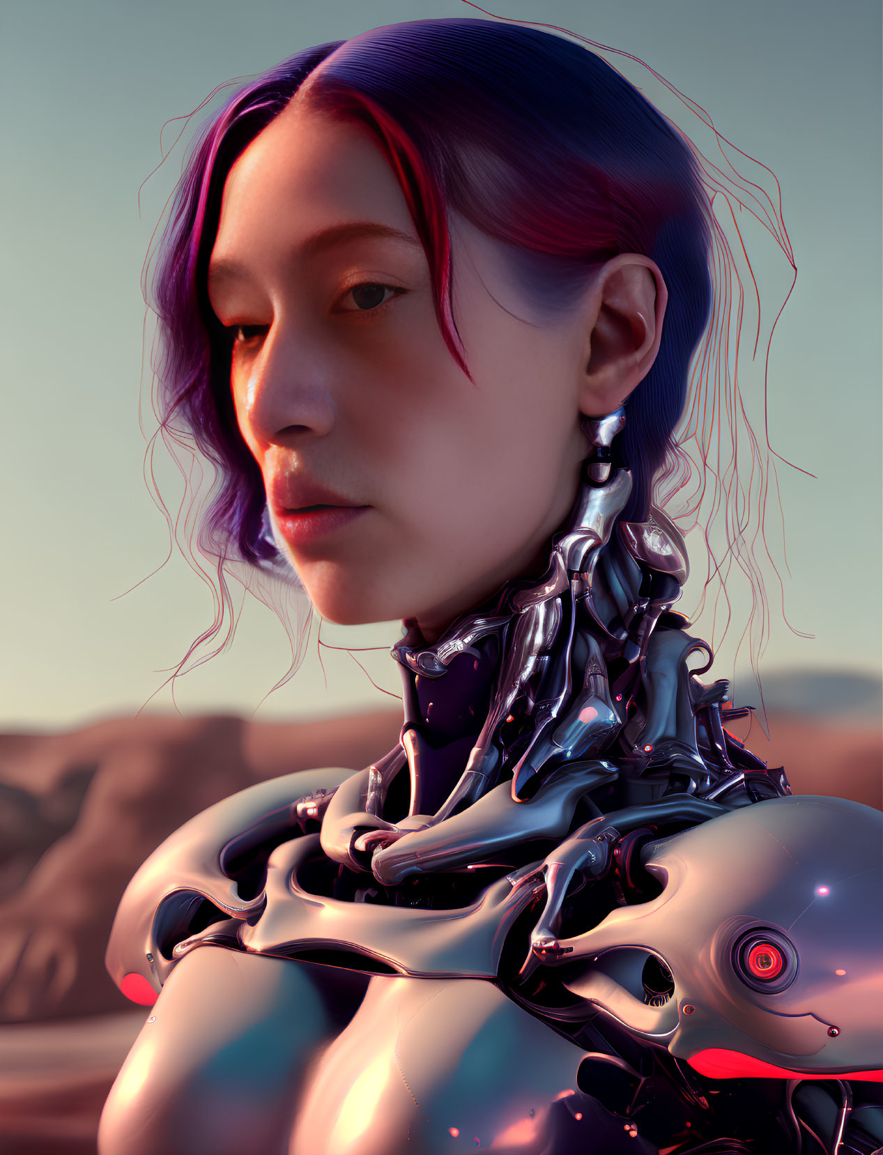 Futuristic woman with purple hair and robotic neck against natural backdrop