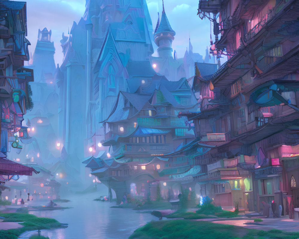 Illuminated Fantasy Cityscape at Dusk