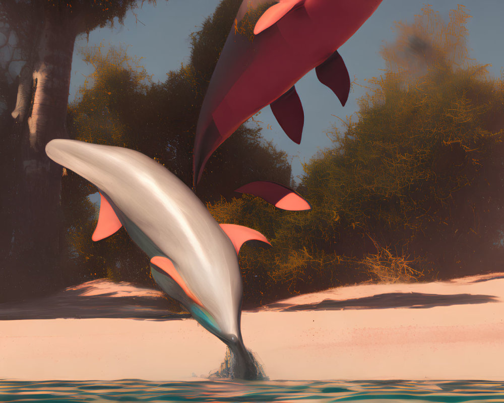 Stylized dolphins leaping above ocean near sandy beach