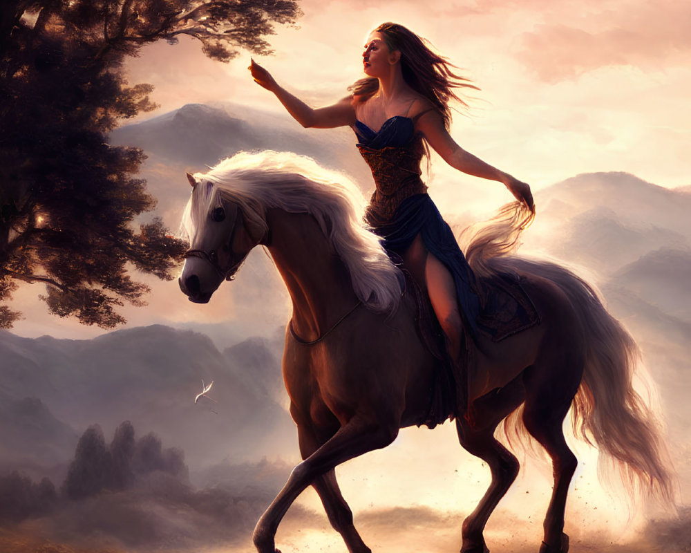 Woman riding galloping white horse in misty landscape with tree