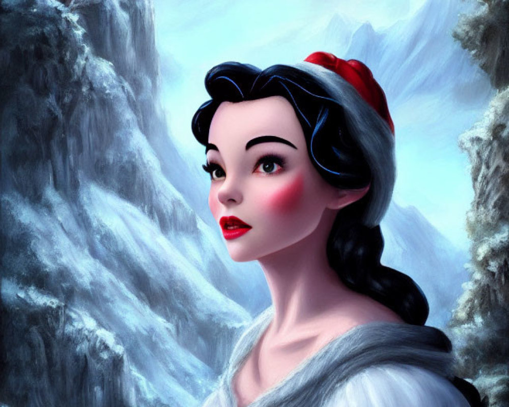 Snow White illustration with red bow in wintry forest