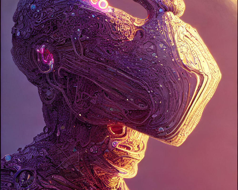 Detailed Mechanical Humanoid Head Profile Against Planetary Backdrop