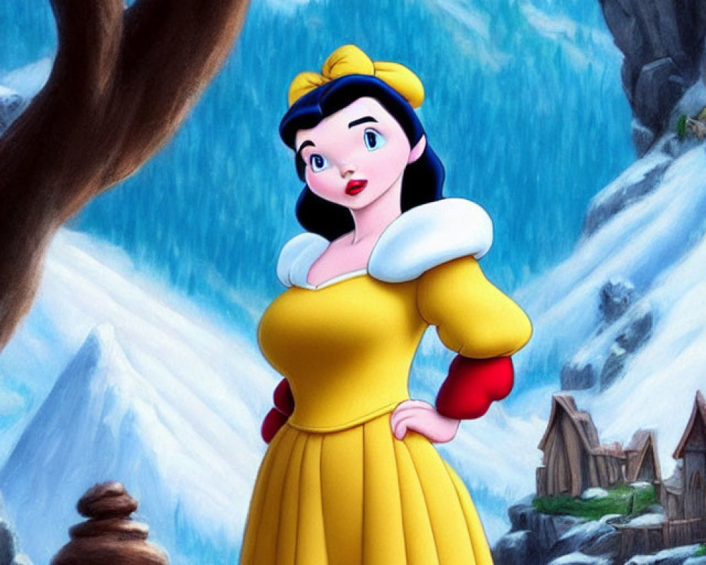 Black-Haired Animated Character in Yellow Dress in Snowy Landscape