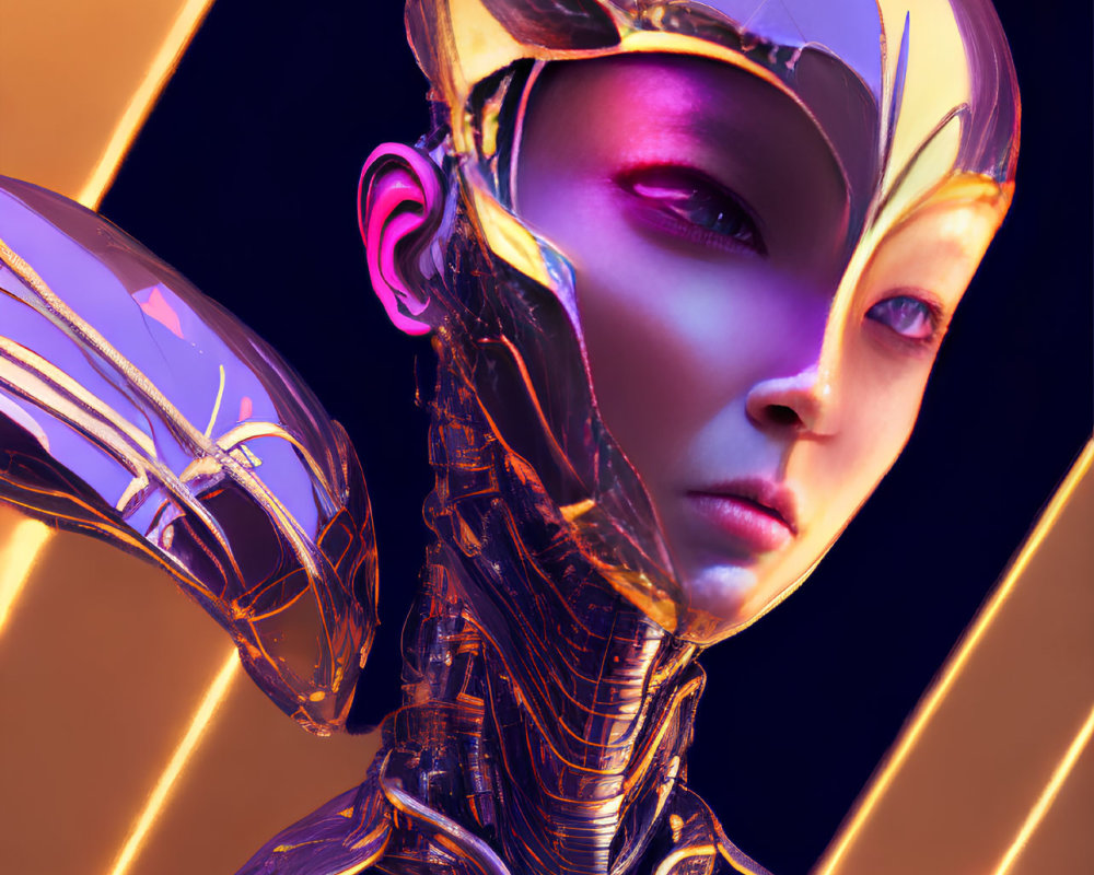 Female android digital art with gold and purple helmet and neon background