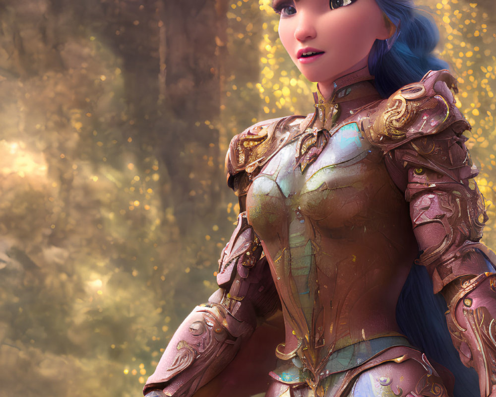 3D-rendered female warrior in blue hair and golden armor on glowing background