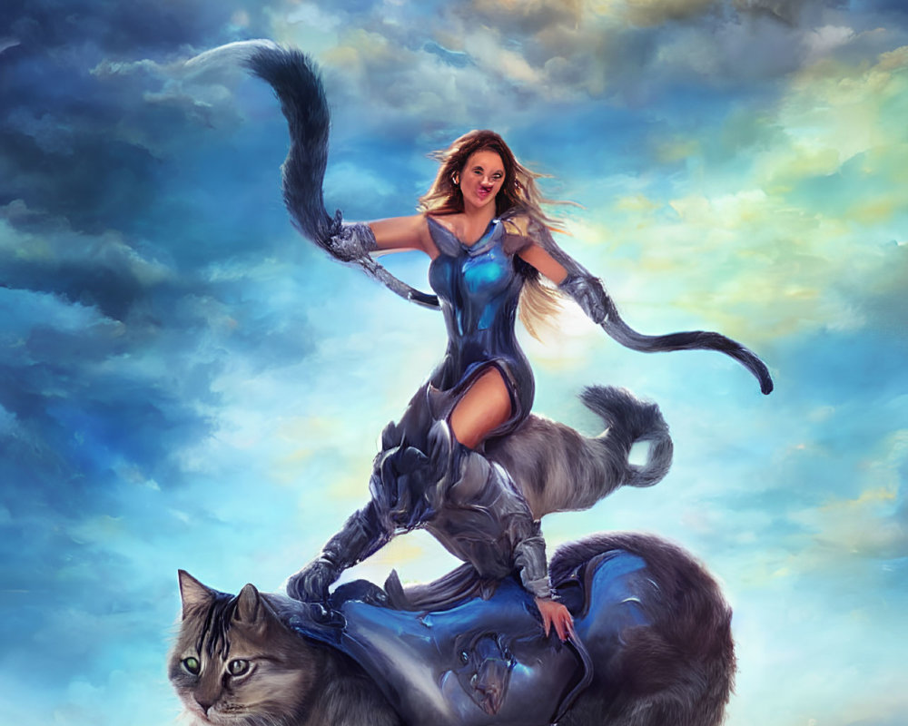 Fantasy illustration of woman with feline features riding giant cat in blue armor against swirling sky.