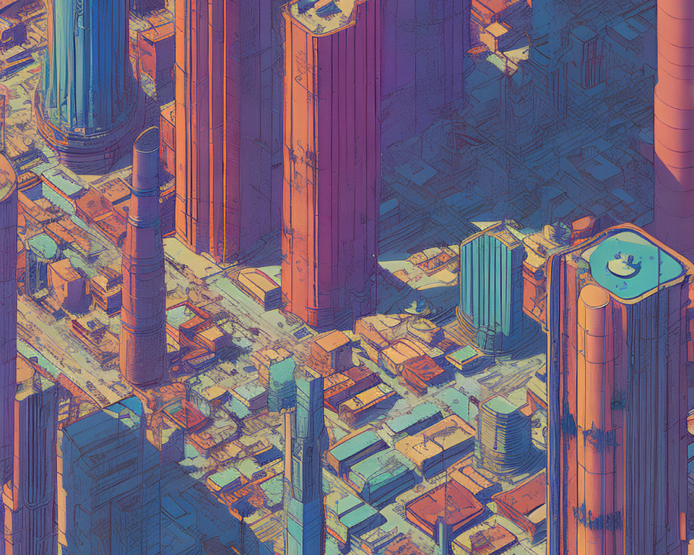 Futuristic cityscape digital art in blue and orange