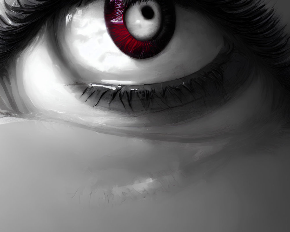 Detailed grayscale illustration of red and white human eye with dramatic eyelashes