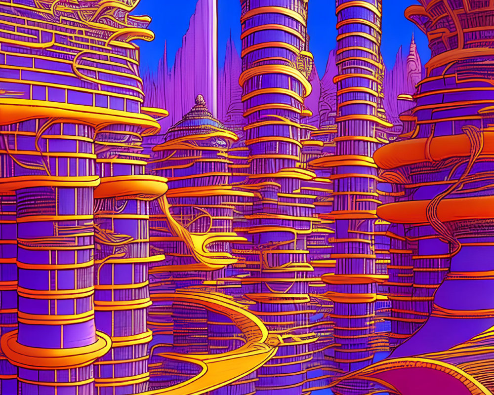 Futuristic cityscape with skyscrapers and winding roads in pink and blue sky