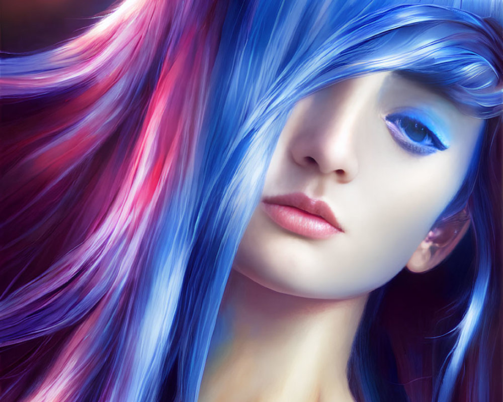 Vibrant blue and pink hair woman illustration with serene expression