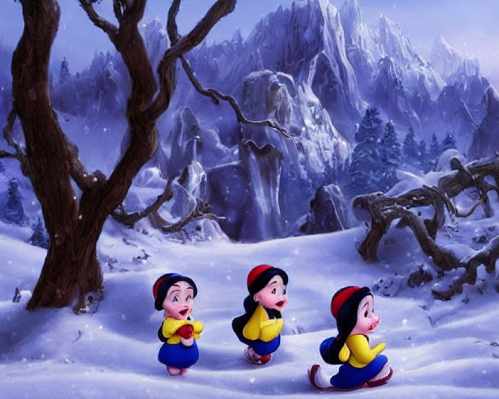 Animated characters play in snowy forest with mountain.