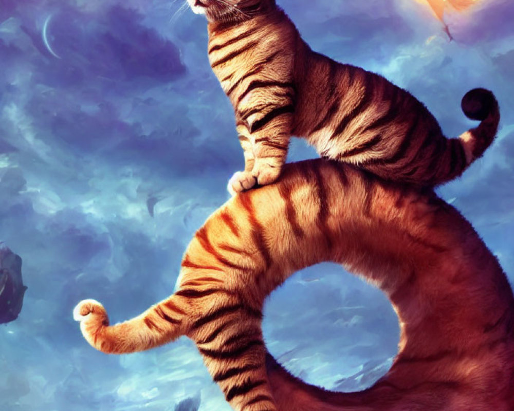 Whimsical artwork: Giant striped cat with small cat, fairy, moon, mountains