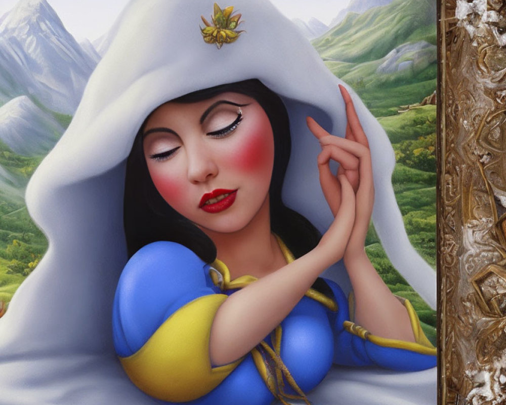 Serene Snow White portrait against mountain landscape in golden frame