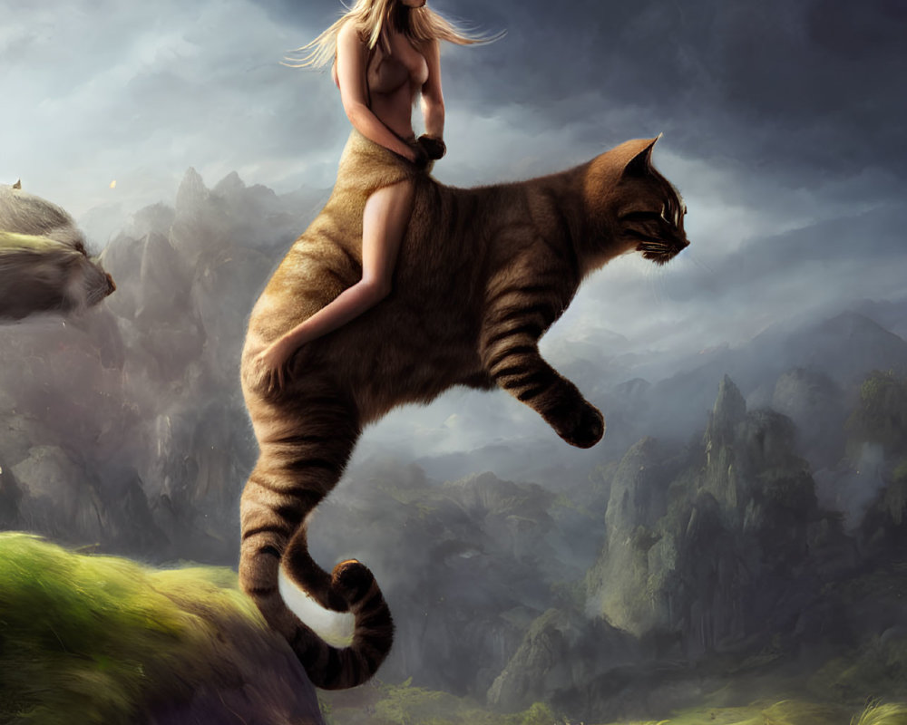 Woman riding giant flying tabby cat over mystical landscape with floating rocks.