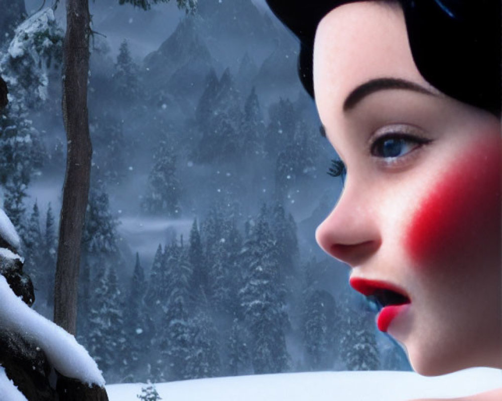 Snow White 3D illustration in snowy forest setting with pine trees and mountains.