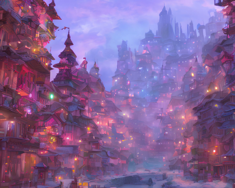 Multilayered cityscape with traditional buildings by a tranquil river at twilight