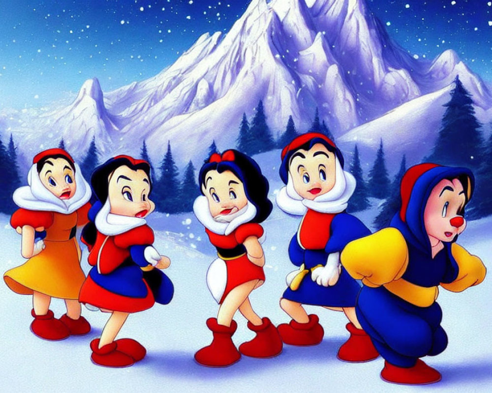 Snow White and dwarfs in snowy mountain scene