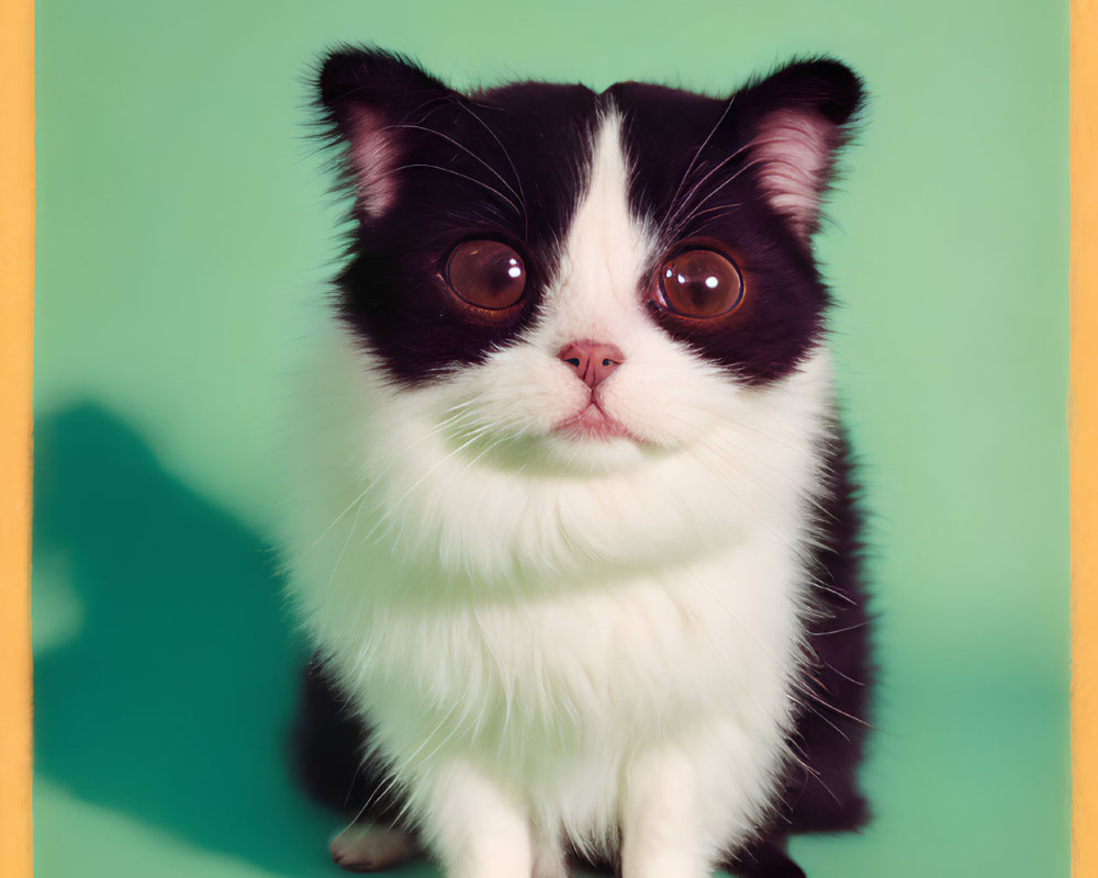 Black and white cat with large, striking eyes against green background