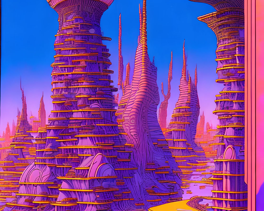 Surreal landscape with towering spiral structures and winding waterways in vivid colors