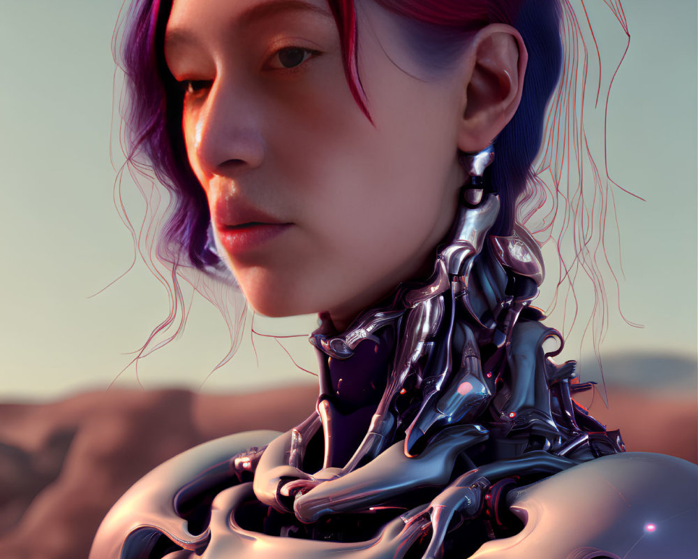 Futuristic woman with purple hair and robotic neck against natural backdrop