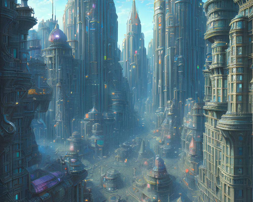 Detailed futuristic cityscape with skyscrapers and hovering vehicles in blue haze