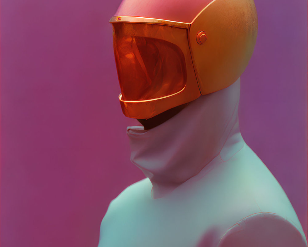 Reflective orange helmet on person against pink and purple background