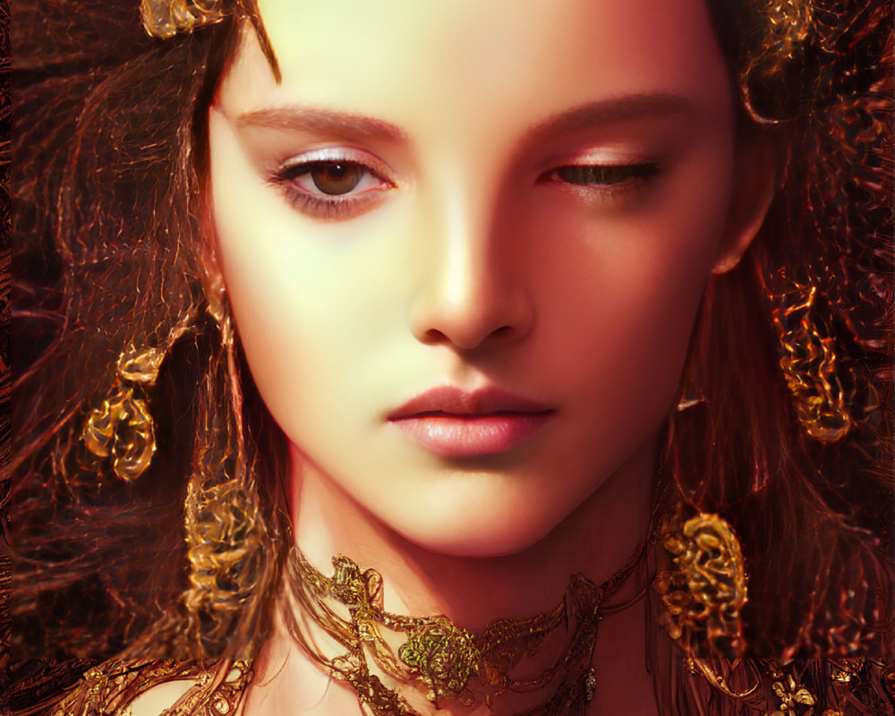 Detailed Golden Jewelry Adorns Woman in Portrait