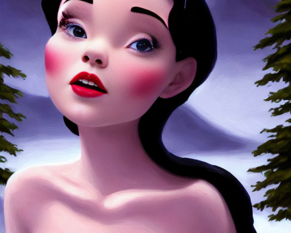 Snow White Illustration: Porcelain Skin & Rosy Cheeks in Snowy Mountain Setting