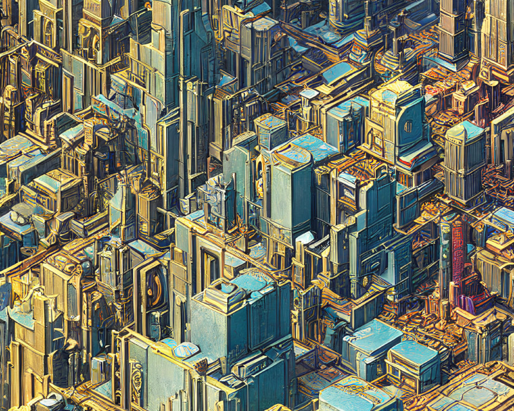 Detailed Blue and Gold Futuristic Cityscape with Metallic Skyscrapers