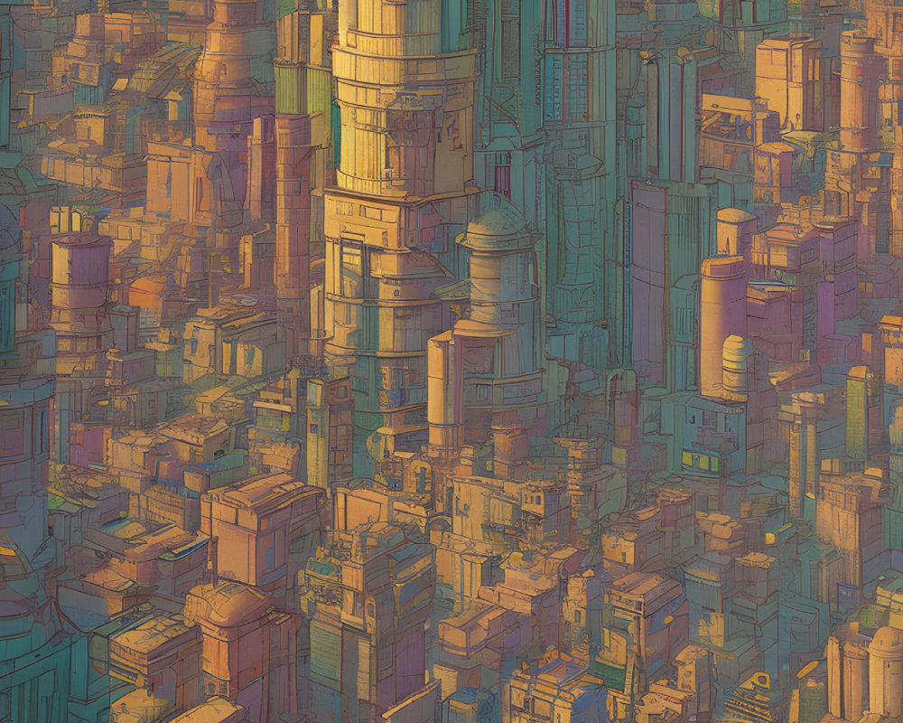 Densely Packed Futuristic Cityscape at Sunset