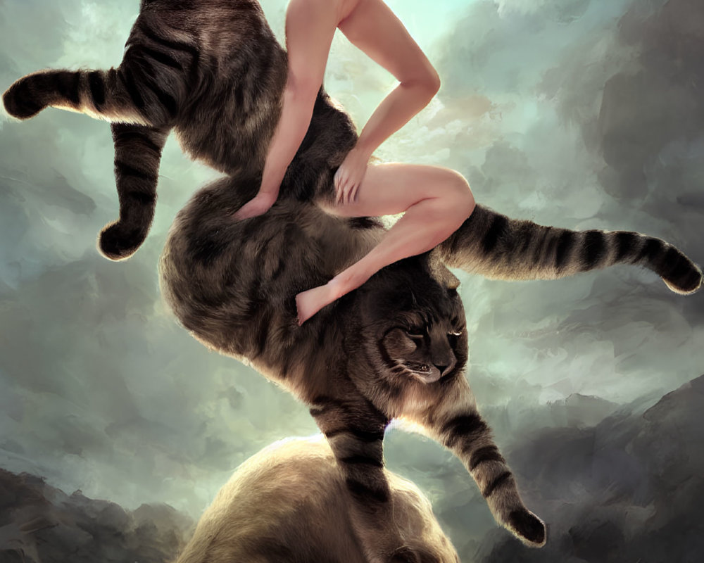 Person riding giant flying cat with second cat in dramatic sky