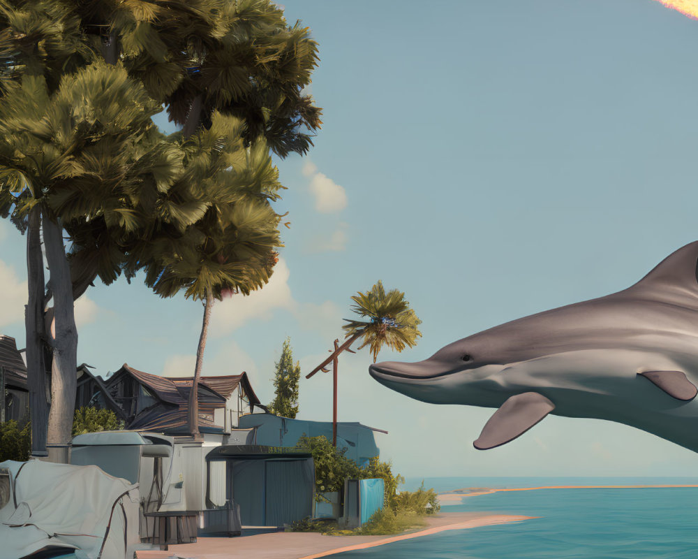 Rocket-shaped flying dolphin over coastal village with leaping companion dolphin.