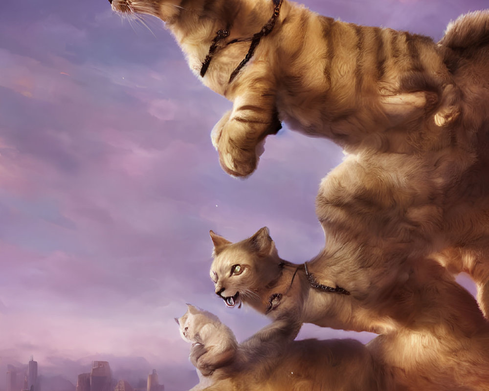 Realistic digital artwork of three cats against dreamy pink cityscape.