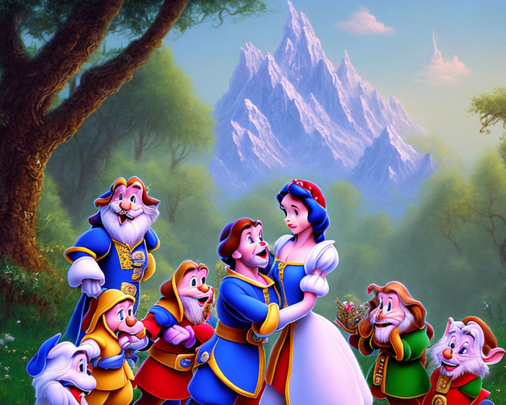 Enchanted forest scene with animated princess and seven dwarfs