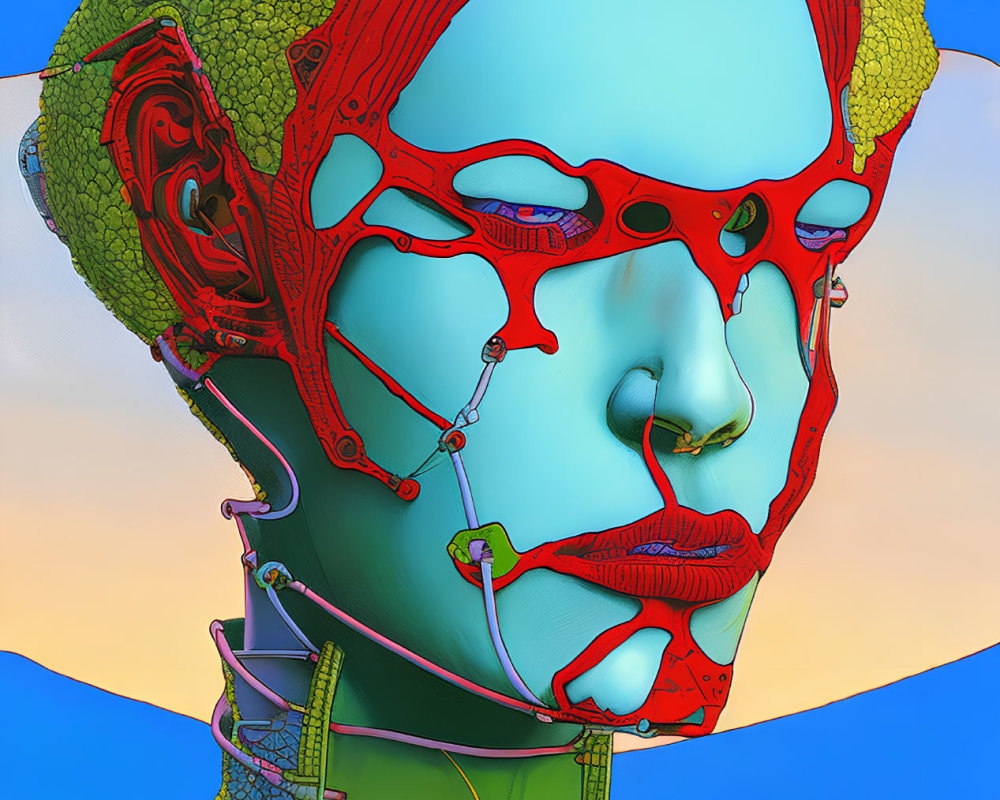 Colorful Digital Artwork: Humanoid Figure with Cybernetic Features on Blue and Orange Background