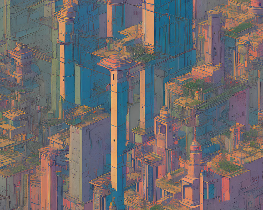 Detailed Futuristic Cityscape with Tall Structures in Pink and Blue