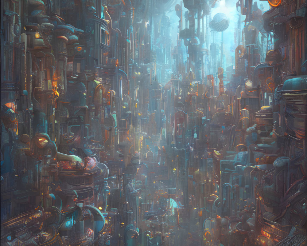 Intricate Cyberpunk Cityscape with Floating Orbs