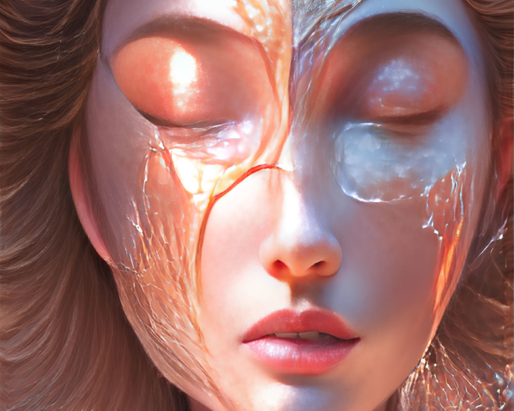 Digital Art: Close-Up Woman's Face with Translucent, Glowing Skin & Golden Foliage