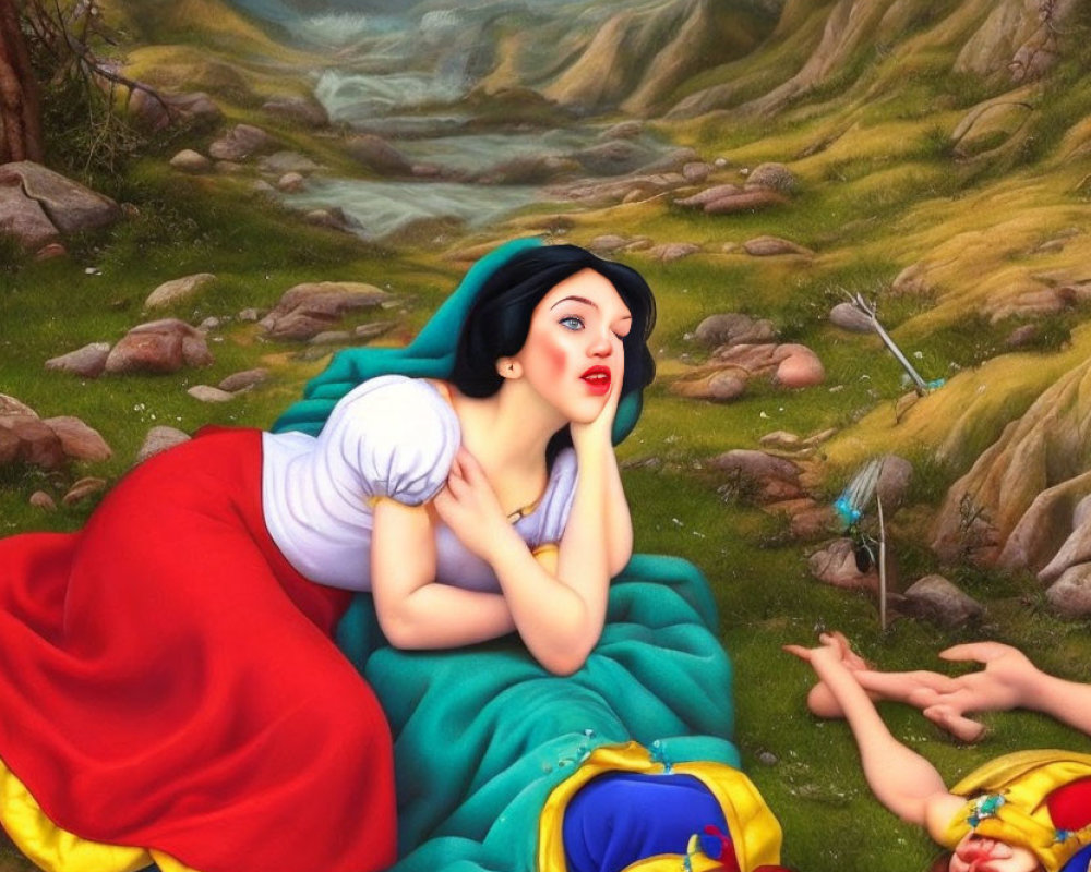 Pale-skinned woman in blue dress gazes at fallen figures in yellow attire