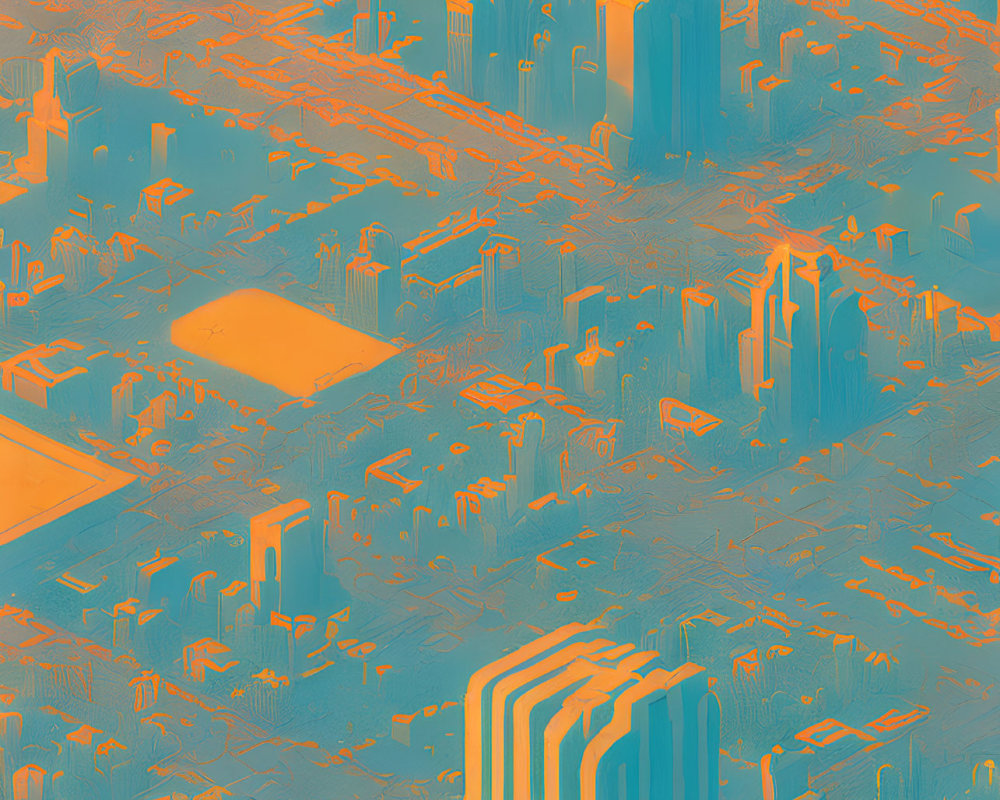 Abstract digitally altered cityscape with orange and blue skyscrapers.