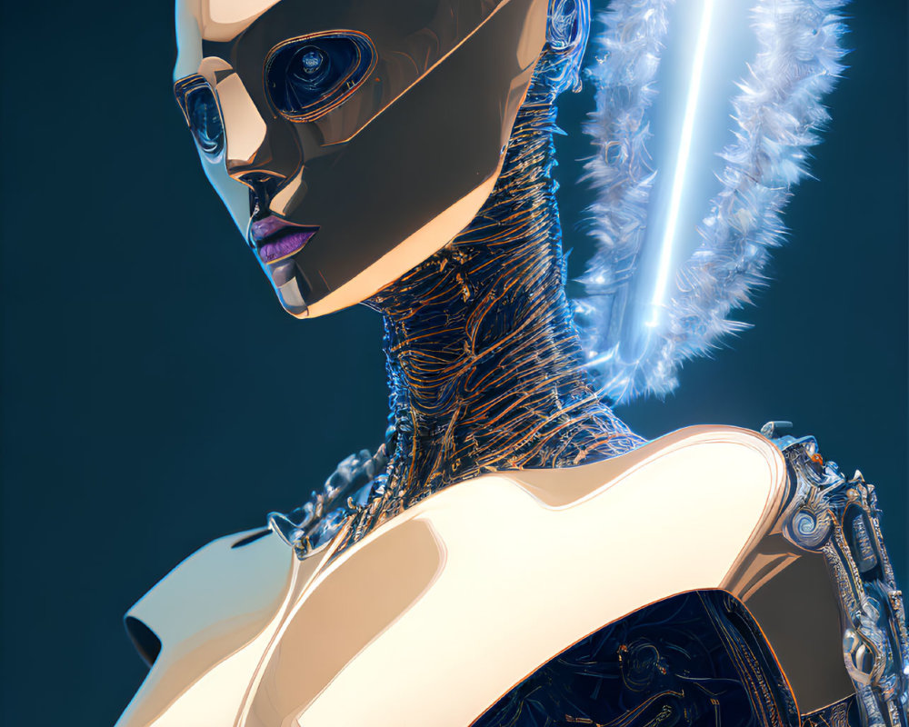 Futuristic humanoid robot with white head and glowing blue element