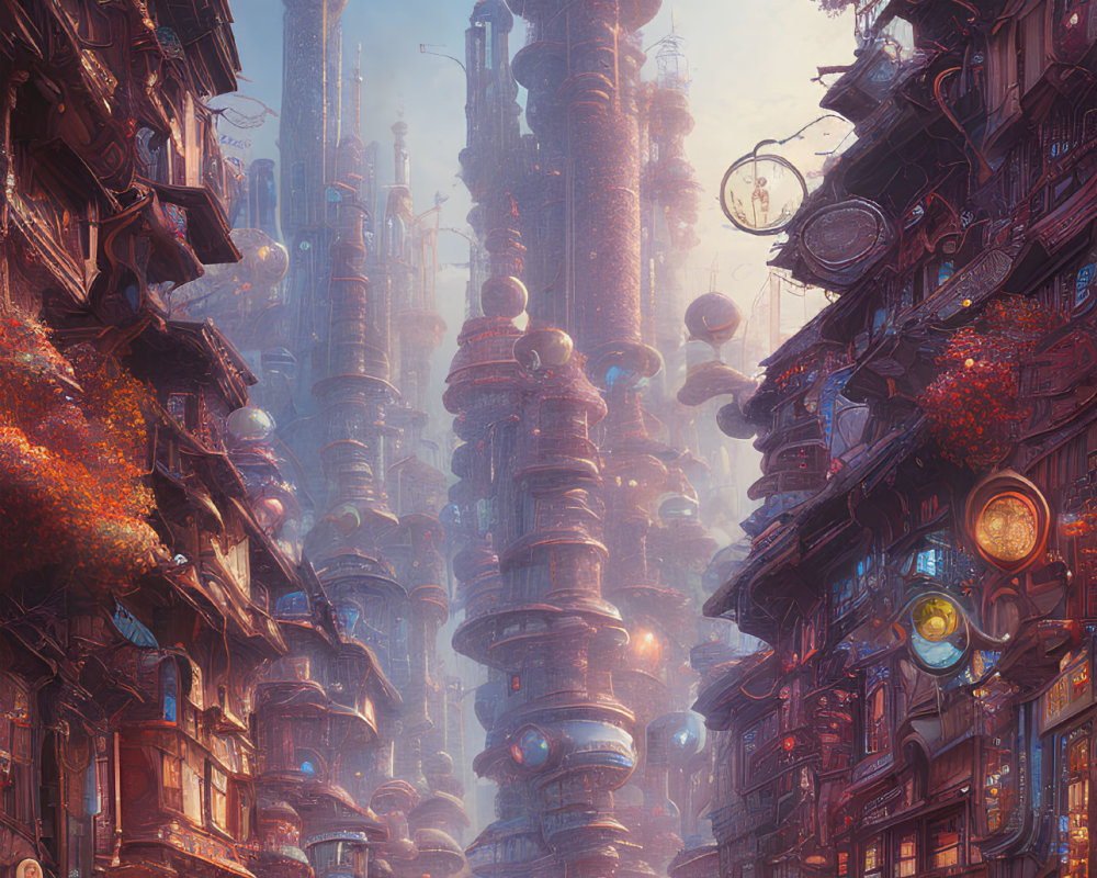 Futuristic city with towering skyscrapers and floating orbs