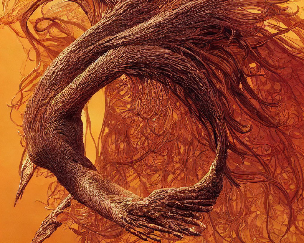 Detailed Phoenix Creature Illustration on Orange Background