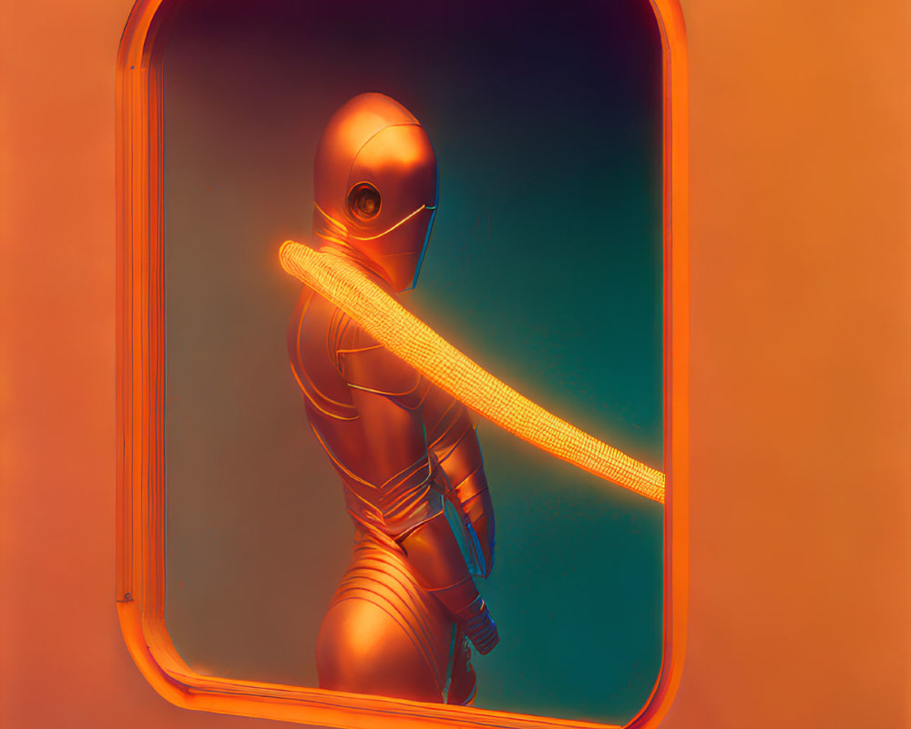 Astronaut in reflective orange suit touching glowing light ribbon in rounded square portal