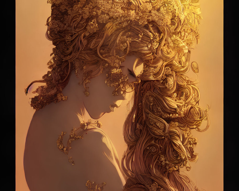 Woman with ornate golden headdress and flowing hair in warm amber glow